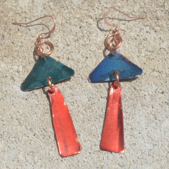 Modernist Geometric Blue Red Dangle Solid Pure Copper Earrings Bohemian Drop - Picture 4 of 5